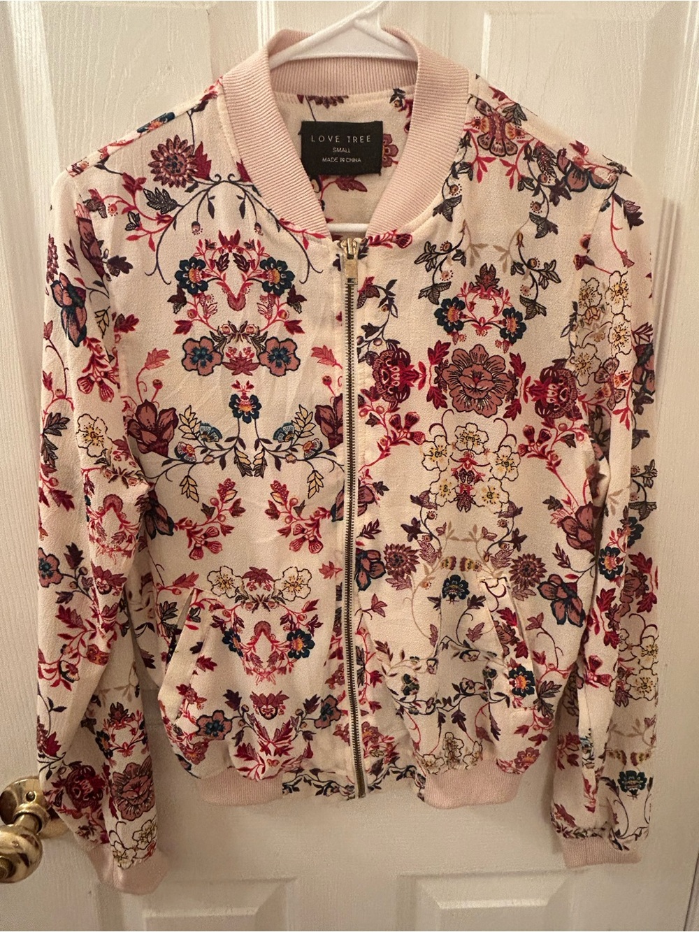 Love Tree Cream Floral Bomber Jacket with Pink and Red Accents